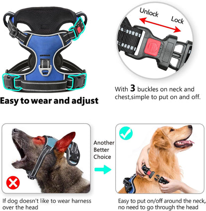 Timos Dog Harness, No Pull Dog Harness 3 Snap Buckles Adjustable Reflective No Choke Pet Vest for Small Dog with Soft Padded Control Training Handle for Outdoor Training,Lock Blue, S