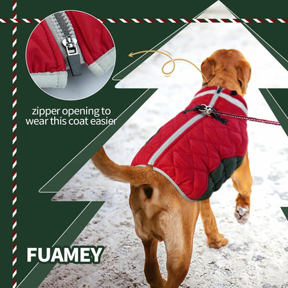 FUAMEY Dog Coat for Large Dogs,Waterproof Dog Winter Jacket with Harness Built in Puppy Cold Weather Coats Reflective Pet Vest with Zipper Warm Fleece Dogs Snowsuit Windproof Christmas L