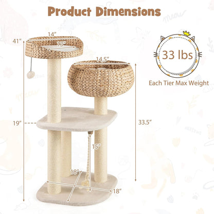 Tangkula Modern Cat Tree, Tall Cat Tower with Natural Sisal Scratching Post, Hand-Made Wicker Cat Condo & Top Perch, Funny Hanging Toy Ball, Cute Cat Tree Tower for Indoor Cats