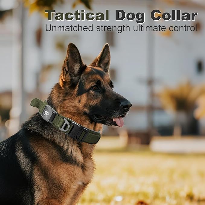 2026 Upgrade Dog Collar with IPX8 Waterproof AirTag Holder,Military Tactical Comfortable Control Handle and Ultra-Durable Metal Buckle/Night Reflective,GPS Collar for Medium to Large Dogs（ArmyGreen/L）