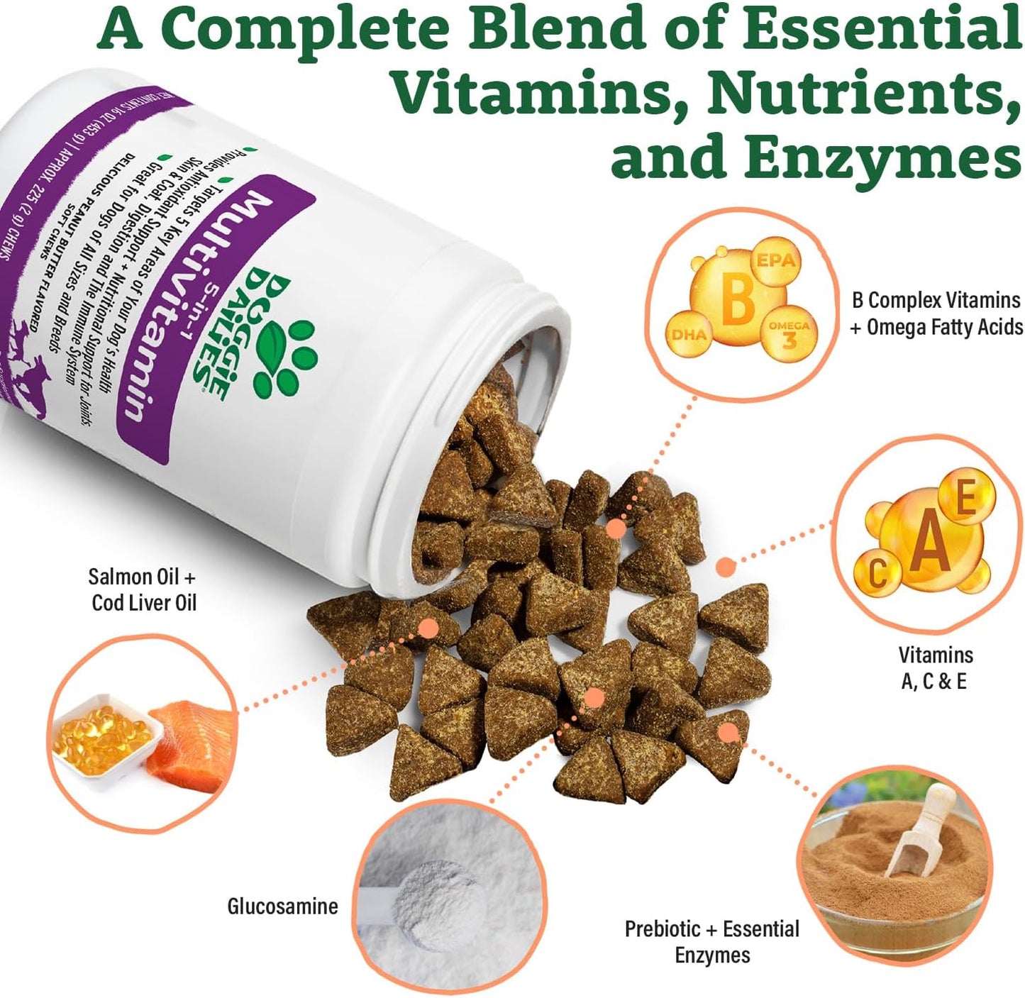 Doggie Dailies 5 in 1 Multivitamin for Dogs, Dog Multivitamin for Skin and Coat Health, Joint Health, Improved Digestion, Antioxidants, Support a Healthy Immune System (Peanut Butter) 225 Soft Chews