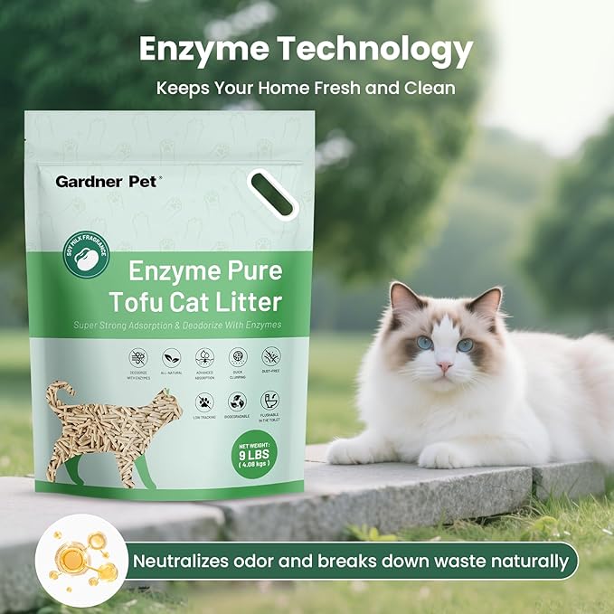 Gardner Pet Tofu Cat Litter, Cat Litter Flushable Clumping Cat Litter, Low Dust, Odor Control, Plant-Based Natural Kitten Litter with Fast Absorption & Low Tracking (9LBS)