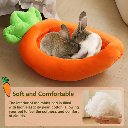 Rabbit Bed,Thick&Soft Bunny Bed with Removable Cushion,Machine Washable with Rattan Mat & Heart Decor,Cozy Warm Small Animal Sleeping Beds (Carrot Shape-L)