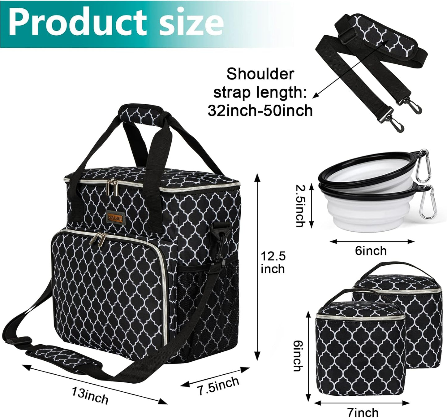 BAGLHER Dog Travel Bag, Pet Travel Bag (ALL Pet Travel Supplies), With 2 Pet Food Containers and 2 Collapsible Silicone Bowls; Essential Kits for Pet Travel DLblack