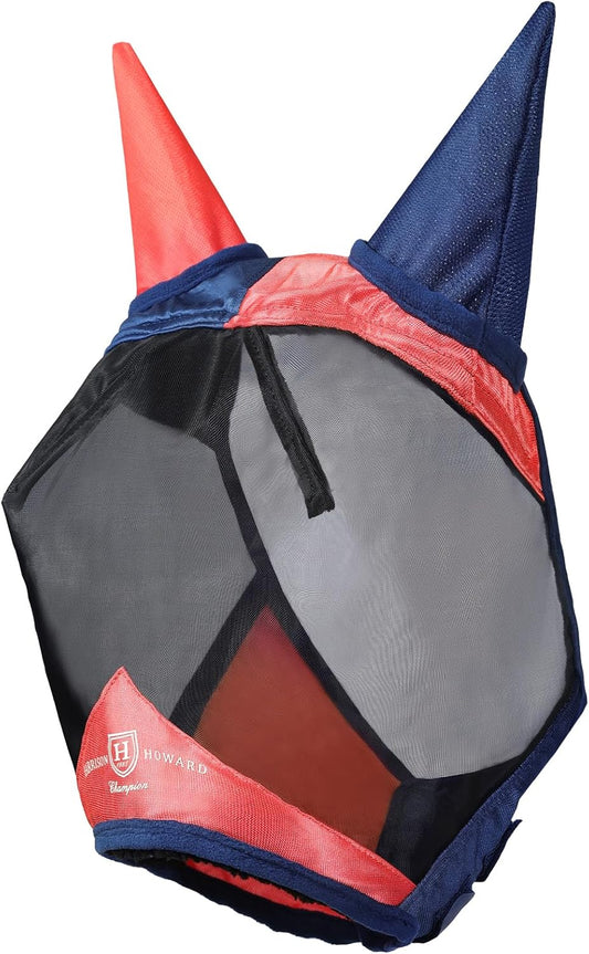 Harrison Howard Pro Luminous Horse Fly Mask Large Eye Space Half Face with Ears UV Protection for Horse Coral Orange/Navy L