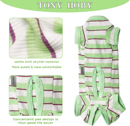 TONY HOBY Dog Pajamas, Male Dog Jumpsuit with Green Stripe, Dogs Clothes for Small Medium Size Dogs (Green&White, Boy, L)