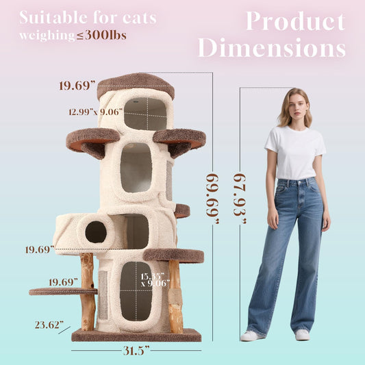 70" Heavy Duty Cat Tree for Large Cats with Toys, All-in-One Cat Tower with Cat Perch, Tall Cat Tower with Scratching Post, Brown Modern Cat House
