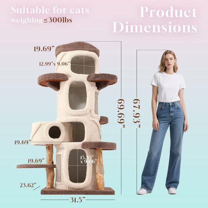 70" Heavy Duty Cat Tree for Large Cats with Toys, All-in-One Cat Tower with Cat Perch, Tall Cat Tower with Scratching Post, Brown Modern Cat House