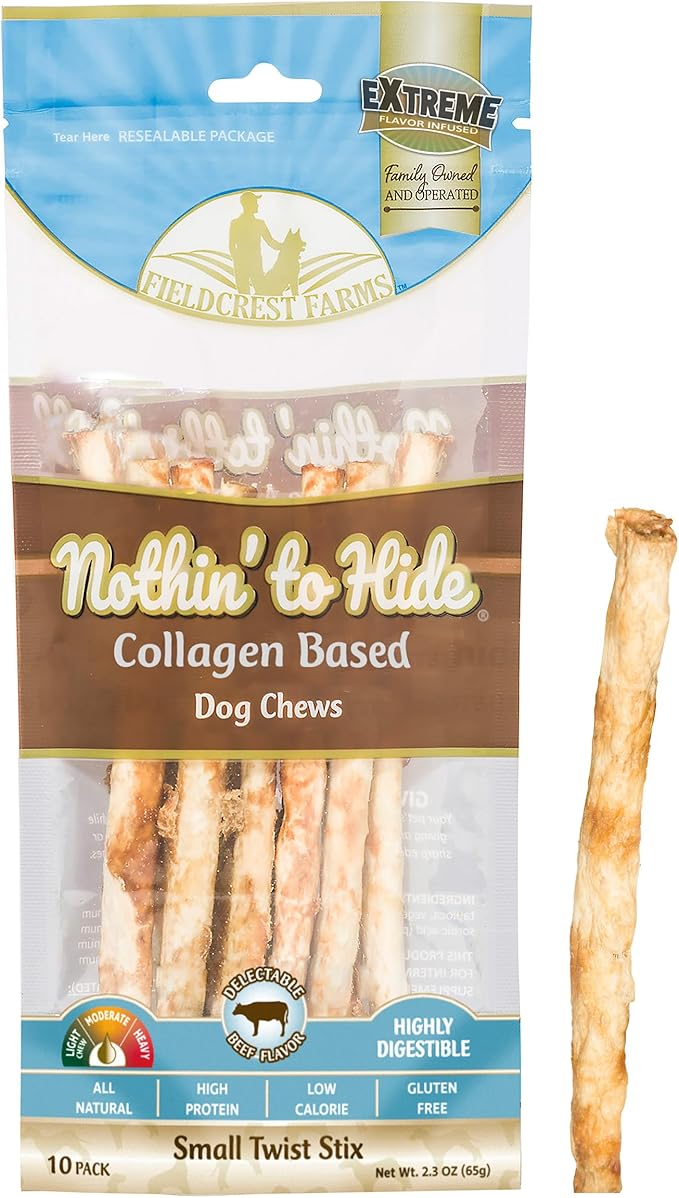 Fieldcrest Farms Nothin' to Hide Twist Stix, Beef Flavor, Easily Digestible, Supports Skin, Coat, Joints & Muscles, for Moderate Chewers Under 15lbs, 10 Pieces