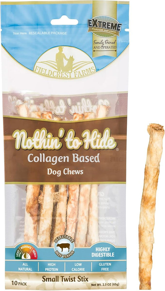 Fieldcrest Farms Nothin' to Hide Twist Stix, Beef Flavor, Easily Digestible, Supports Skin, Coat, Joints & Muscles, for Moderate Chewers Under 15lbs, 10 Pieces