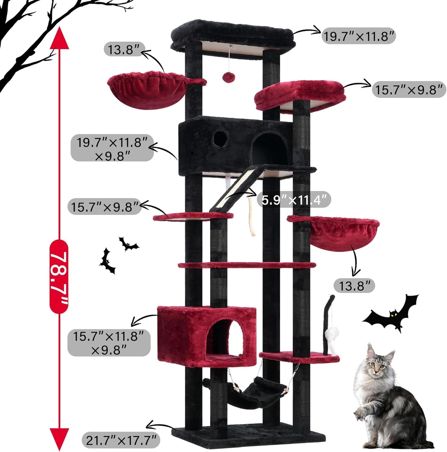 Gothic Cat Tree for Large Cats, 78.7"(200cm) Tall Cat Tower for Indoor Cats Multiple Cats with Large Top Perch, Cat Condo, Cat Hammcok, Cat Scratching Post, Black and Red GCT031BR