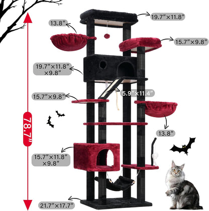 Gothic Cat Tree for Large Cats, 78.7"(200cm) Tall Cat Tower for Indoor Cats Multiple Cats with Large Top Perch, Cat Condo, Cat Hammcok, Cat Scratching Post, Black and Red GCT031BR