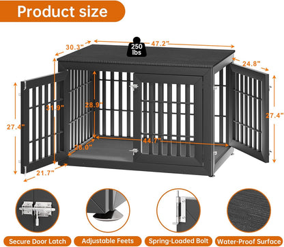 48" Heavy Duty Dog Crate Furniture for Small,Medium and Large Dogs,Rustic Wooden Dog Cage Kennel Indoor Furniture with Waterproof Top,Decorative Pet House Side End Table (Black)