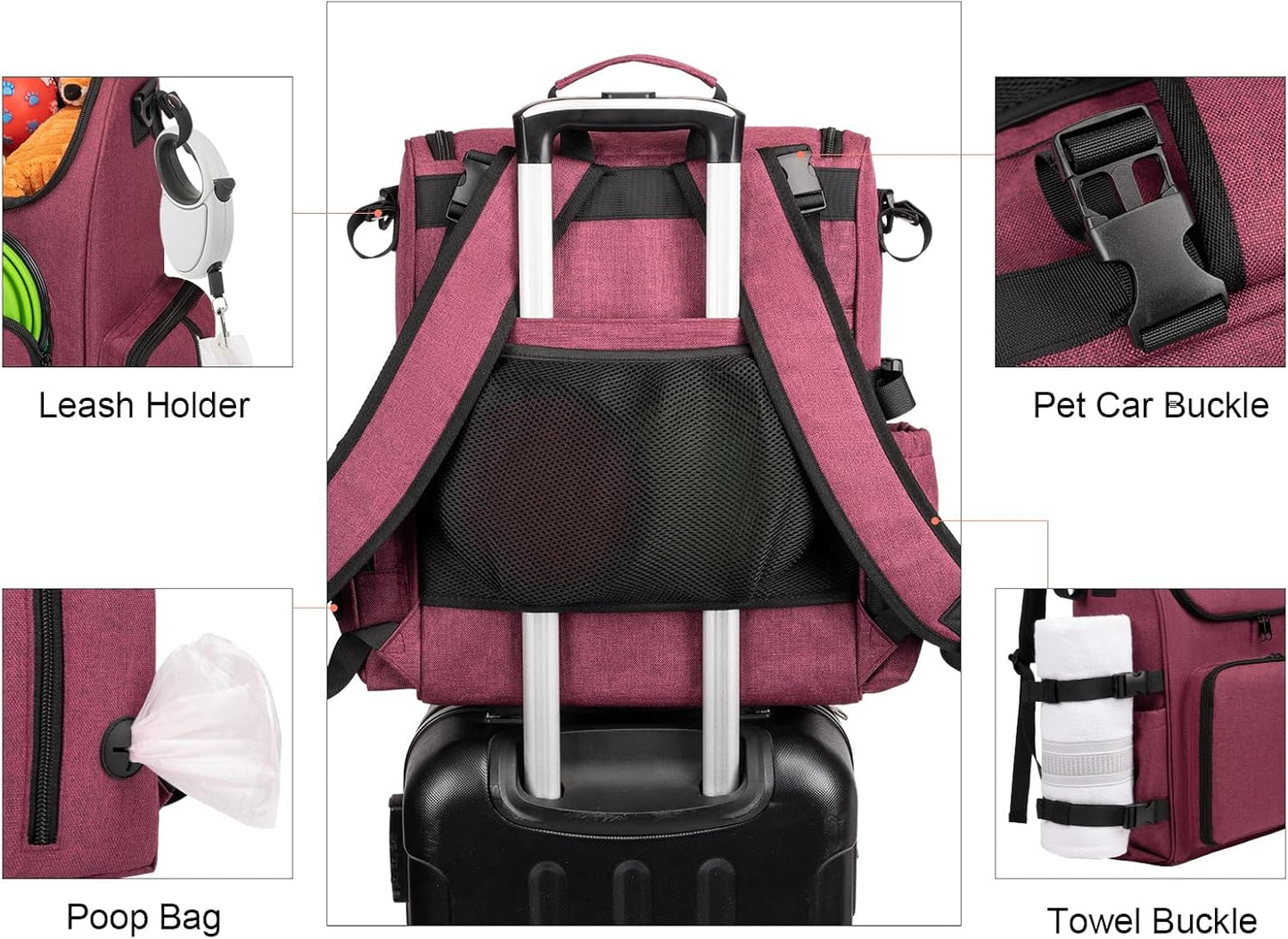Modoker Dog Travel Bag Backpack, Airline Approved Pet Accessories Organizer for Dog and Cat with Shoulder Strap, 2 Dog Food Storage Containers, 2 Collapsible Dog Bowls,1 Pet Mat, Rose Red - Pawvie