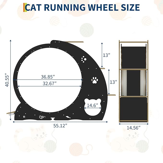 55" Multi-Cat Exercise Wheel with 3-Level Jumper & Scratching Pad - Silent TPE Spinner Activity Center with Rest Area to Prevent Boredom and Obesity in Indoor Cats