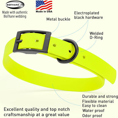 Dogline Biothane Waterproof Dog Collar Strong Coated Nylon Webbing with Black Hardware Odor- Proof for Easy Care Easy to Clean High Performance Fits Small Medium or Large Dogs, Safety Yellow