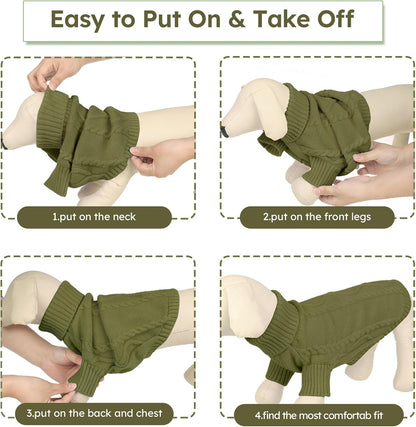 Queenmore Small Dog Pullover Sweater, Cold Weather Cable Knitwear, Classic Turtleneck Thick Warm Clothes for Chihuahua, Bulldog, Dachshund, Pugl,OliveGreen,S