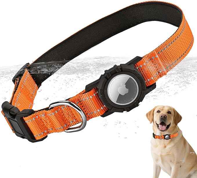 Airtag Dog Collar with Waterproof Air Tag Holder, Integrated Reflective Pet Collar with Soft Padding, Adjustable Nylon Collar for Small Medium Large Dogs, Orange, S (11.8"-15.7")