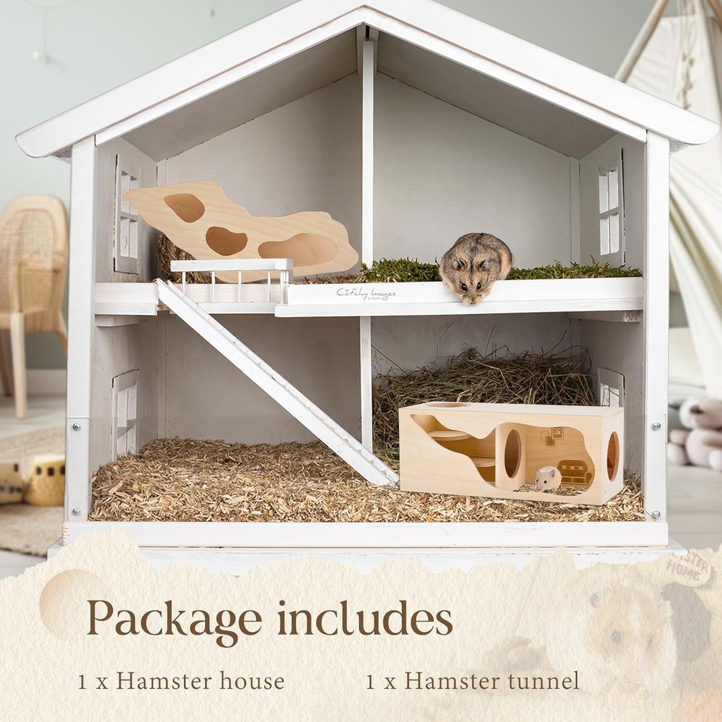 2 Pcs Hamster Houses and Hideouts Hamster Tunnel Set Wood House for Hamster with Climbing Ladder Exploring Tunnel Multi Chamber Maze for Small Animals Pets Gerbils Hedgehogs Rats Mice