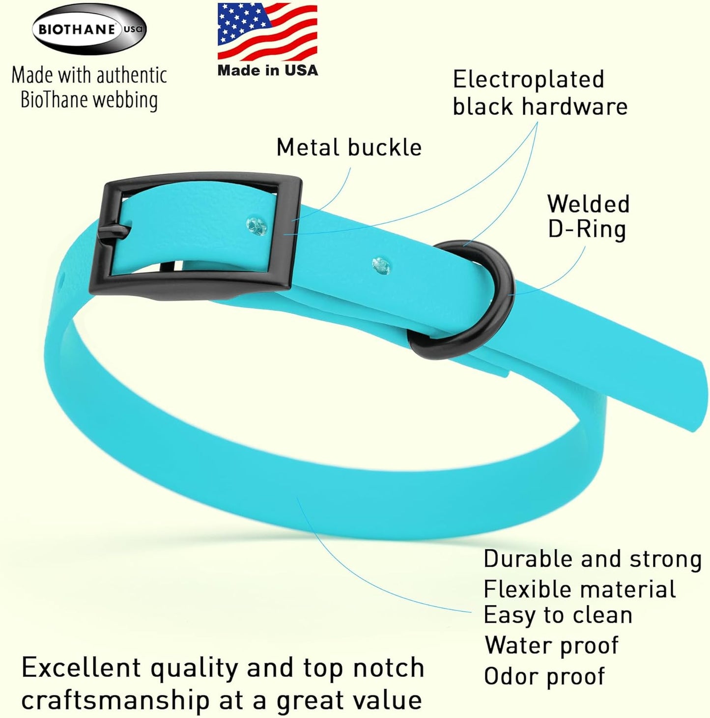 Dogline Biothane Waterproof Dog Collar Strong Coated Nylon Webbing with Black Hardware Odor- Proof for Easy Care Easy to Clean High Performance Fits Small Medium or Large Dogs, Sky Blue