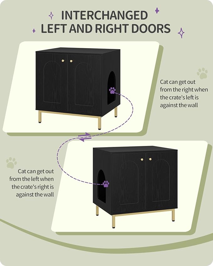 Cat Litter Box Enclosure, Hidden Litter Box Furniture Cabinet, Wooden Indoor Cat House, Side End Table, Living Room, Bedroom, Black and Gold CB81204G