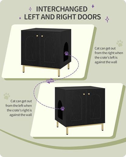 Cat Litter Box Enclosure, Hidden Litter Box Furniture Cabinet, Wooden Indoor Cat House, Side End Table, Living Room, Bedroom, Black and Gold CB81204G