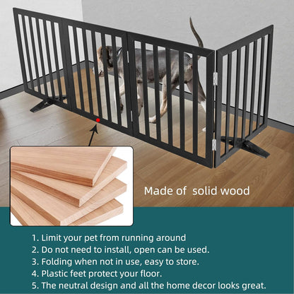ZJSF Freestanding Indoor Dog Gate for House Foldable Wood Puppy Gate for Doorways Pet Gate for Stairs Extra Wide Pet Fence, Black, 24" Height 4 Panels