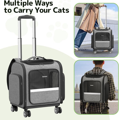 Rolling Cat Carrier with Wheels: Dog Carrier for Small Dogs & Large Cats, Expandable Pet Carrier on Wheels with Cat Play Tunnel, Large Capacity, Breathable Mesh, Side Pocket, Grey