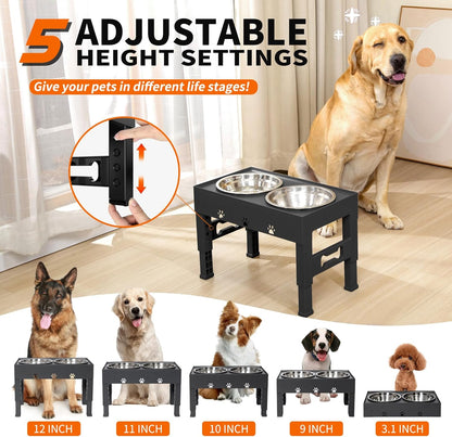 Elevated Dog Bowls with Mat, Raised Dog Food Bowl Stand with 2 Stainless Steel Bowls, 5 Height Adjustable (3.1", 9", 10", 11", 12") Non-Slip Feeder Set for Medium and Large Dogs – Black