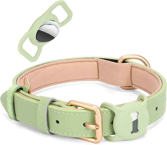 Airtag Leather Dog Collar for Small Medium Large Dog Adjustable Soft Padded Air Tag Puppy Collar Heavy Duty Metal Buckle Collar with Anti-Lost Airtag Holder Protective Case,S,Green