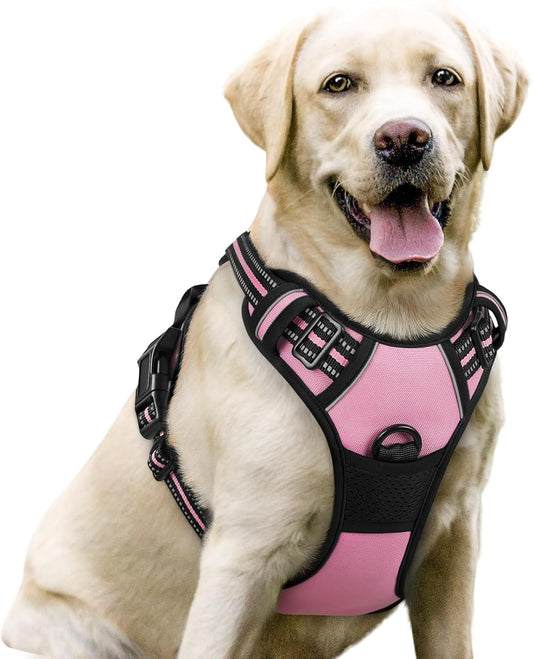 rabbitgoo Dog Harness No Pull with 2 Leash Clips, Adjustable Soft Padded, Reflective Oxford No Choke Pet Vest with Easy Control Handle for Large Dogs, Pink, L