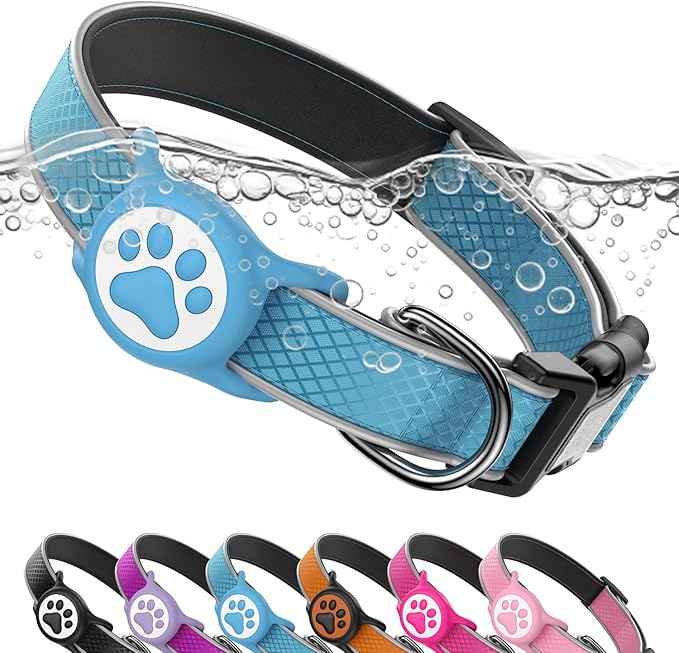 Airtag Dog Collar with Waterproof AirTag Holder & Anti-Lost QR Code, Reflective, Soft Padded & Safety Locking Buckle | Fit Large Dogs (Blue L(15.7"-23.6"))