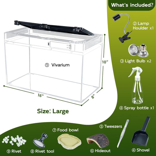 16×10×8'' Reptile Tank Kit with Heat Lamp, Spray Bottle, Shovel, Tweezers, Food Bowl, Hideout -Perfect for Geckos, Bearded Dragons, Snakes, Lizards, Turtles 360° Viewing, PC Glass