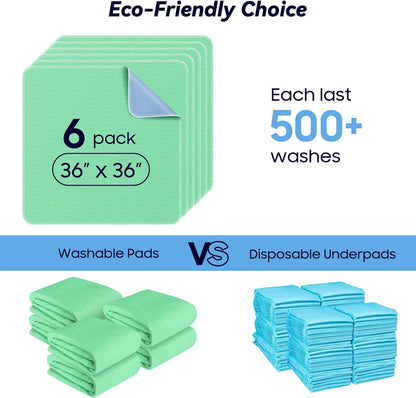 6 Pack 36” x 36” Extra Heavy Absorbency Washable Underpads, Waterproof Quick Drying Nursing Pads Incontinence Bed Pads, Reusable Washable Pee Pads for Dogs, Diaper Changing & Adults
