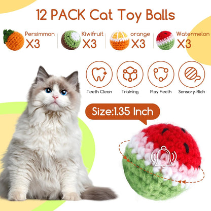 12 Pack Cat Toy Balls, Hand-Knitted Woolen Yarn Cat Balls Toy with Bell Inside, Interactive Kitty Toys for Indoor Kitten Teething, Chasing & Self Play(Fruit-Shaped)