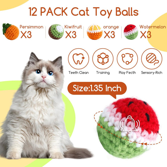 12 Pack Cat Toy Balls, Hand-Knitted Woolen Yarn Cat Balls Toy with Bell Inside, Interactive Kitty Toys for Indoor Kitten Teething, Chasing & Self Play(Fruit-Shaped)