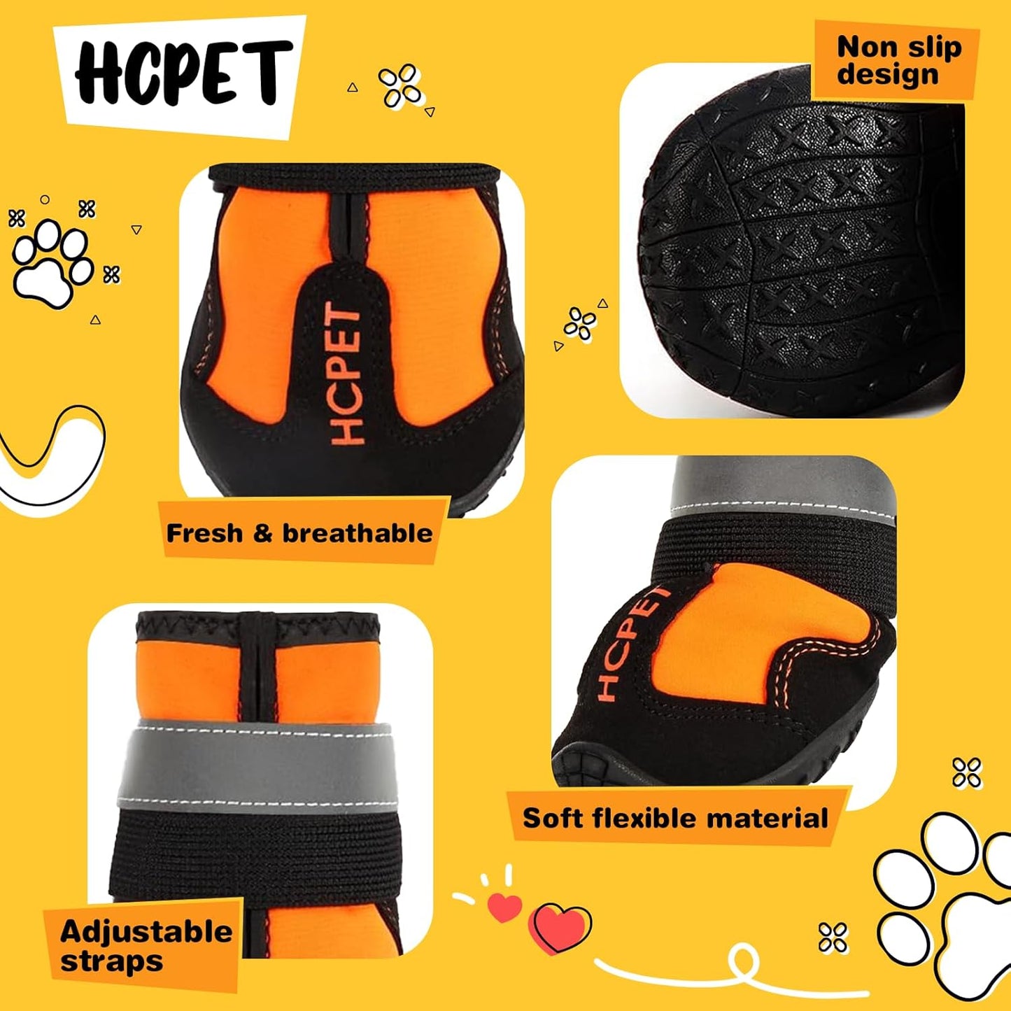 Hcpet Dog Shoes, Dog Boots for Small Dogs, Waterproof Medium Dog Booties Paw Protector for Summer Hot Pavement, Winter Snowy Day, Outdoor Walking, Indoor Hardfloors Anti Slip Sole Orange Size 3