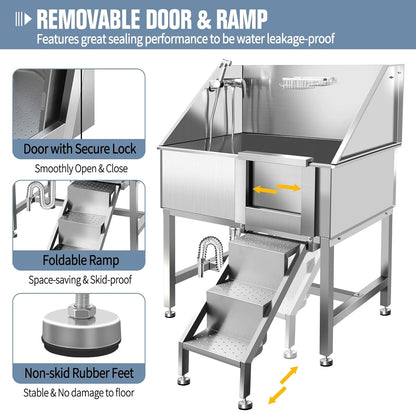 38" Dog Washing Station, Professional Stainless Steel Dog Bathing Station, Equipped with Three Anti-Slip Steps, Removable Door, Upgraded Spray Nozzle&Hose - Ideal for Home, Pet Grooming Salon,R-RAMP
