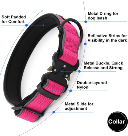 Plutus Pet Tactical Dog Collar, Reflective, Adjustable Heavy Duty Dog Collar, Soft Padded and Comfortable, for Small Medium and Large Dogs (Hot Pink, S)