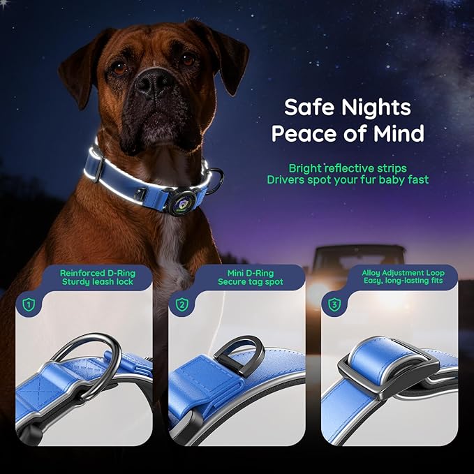 WhoseID Premium Leather Dog Collar for Large Dogs - IPX8 Waterproof AirTag Dog Collar | Magnetic Buckle Heavy Duty Collar | 450LB Escape-Proof | Reflective Dog Collar with AirTag Holder