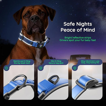 WhoseID Premium Leather Dog Collar - AirTag Dog Collar | Fur-Safe Magnetic Buckle | IPX8 Waterproof Reflective Small Dog Collar with AirTag Holder