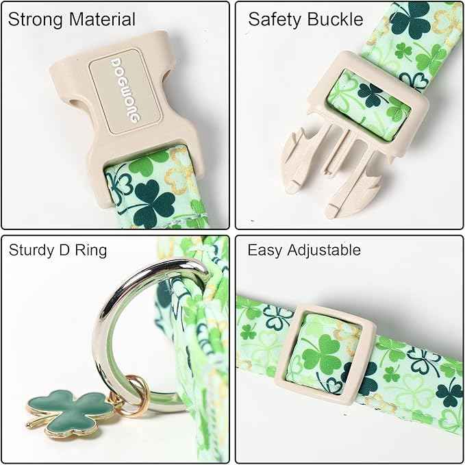 DOGWONG St Patrick's Day Dog Collar-Cute Green Clovers Dog Collars, Adjustable Shamrock Pet Collars Trefoil Puppy Collar with Quick Release Buckle for Girl&Boy Dogs