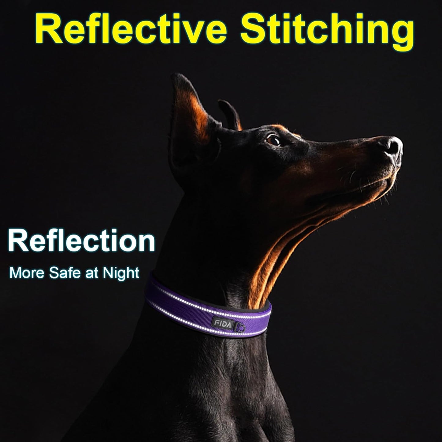 Fida Heavy Duty Dog Collar, Ultra Comfortable Soft Neoprene Padded, Adjustable Reflective Nylon Pet Collar with Durable Metal Belt Buckle for Large Breeds (L, Purple)