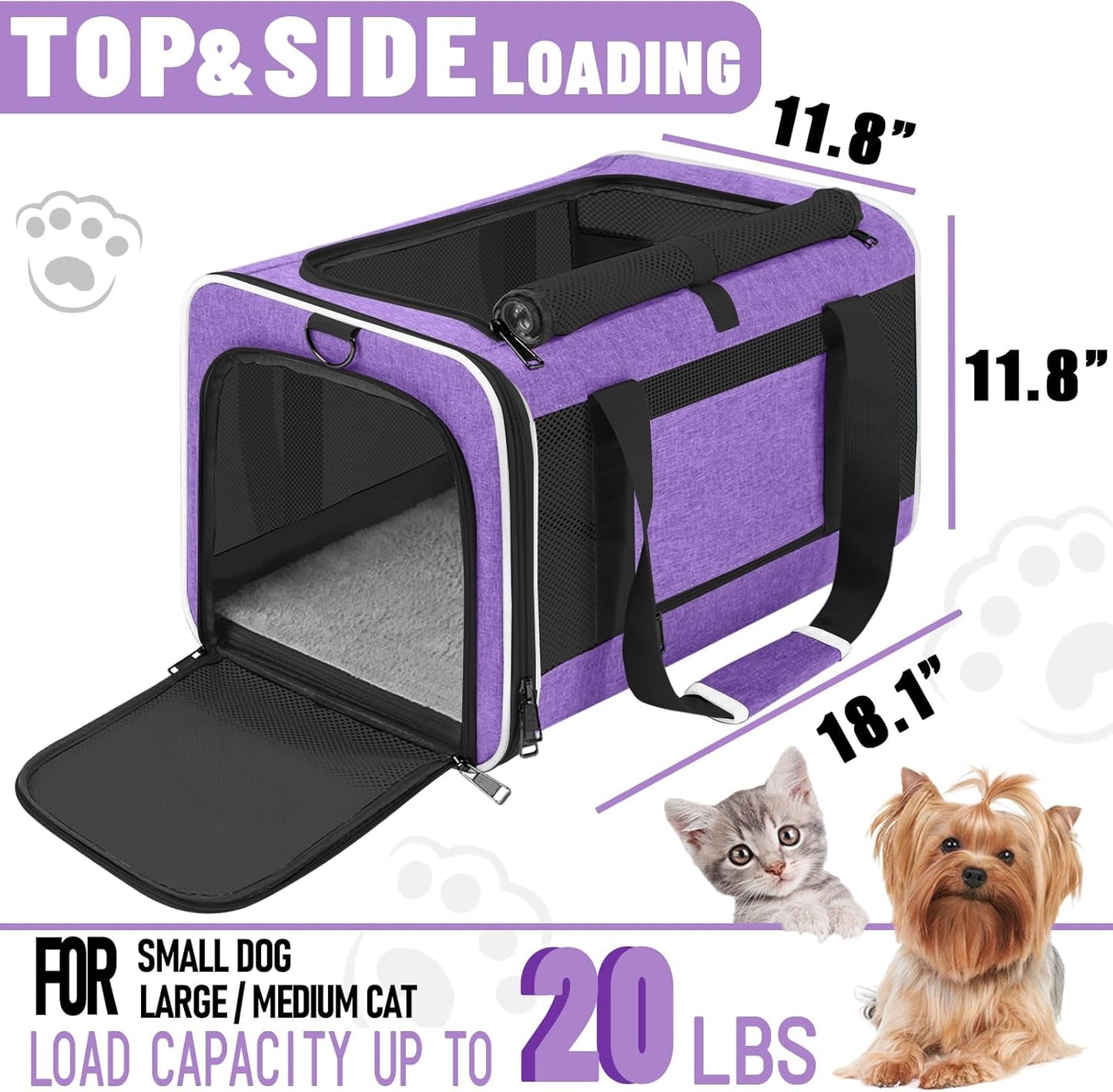 Pet Carrier for Large Cat 20 lbs+ / Soft Sided Small Dog 12 Pounds Travel Crate Top Load/Collapsible Kitty Carry Bag Big Kitten Mesh/Sturdy Animal Transport cage Kennel Long Trips Purple - Pawvie