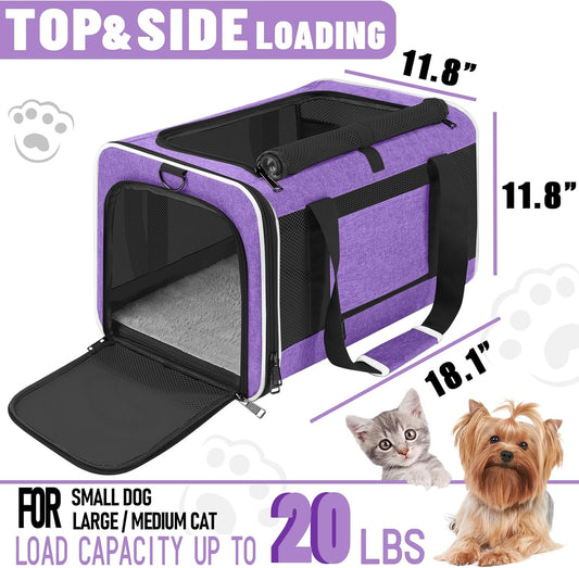 Pet Carrier for Large Cat 20 lbs+ / Soft Sided Small Dog 12 Pounds Travel Crate Top Load/Collapsible Kitty Carry Bag Big Kitten Mesh/Sturdy Animal Transport cage Kennel Long Trips Purple - Pawvie