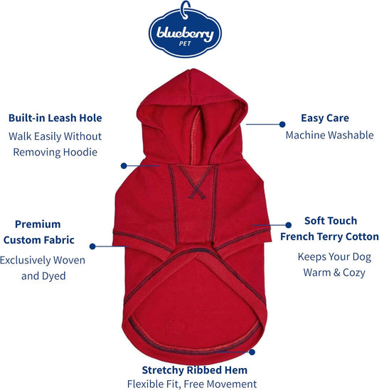 Blueberry Pet Essentials Soft & Comfy Better Basic Cotton Blend Dog Hoodie Sweatshirt in Red, Back Length 22", Pack of 1 Jacket for Dogs