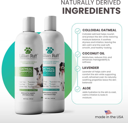Lillian Ruff PRO Formula Deodorizing Oatmeal Dog Shampoo & Conditioner Set - Calm Itching & Allergies, Ultra-Nourishing Dry Skin Relief - Oatmeal, Aloe, Coconut Oil, Lavender & Provitamin B5, USA Made