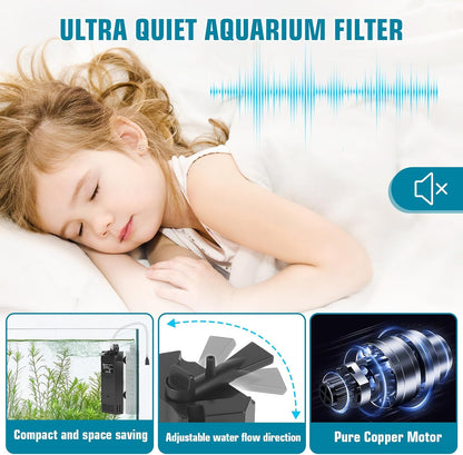AQQA Aquarium Filter for 80-150Gal Fish Tank Submersible Internal Filters Multifunctional for Filtration, Circulation and Oxygenation Ultra Quiet for Freshwater & Saltwater Crystal Clear (15W,400GPH)