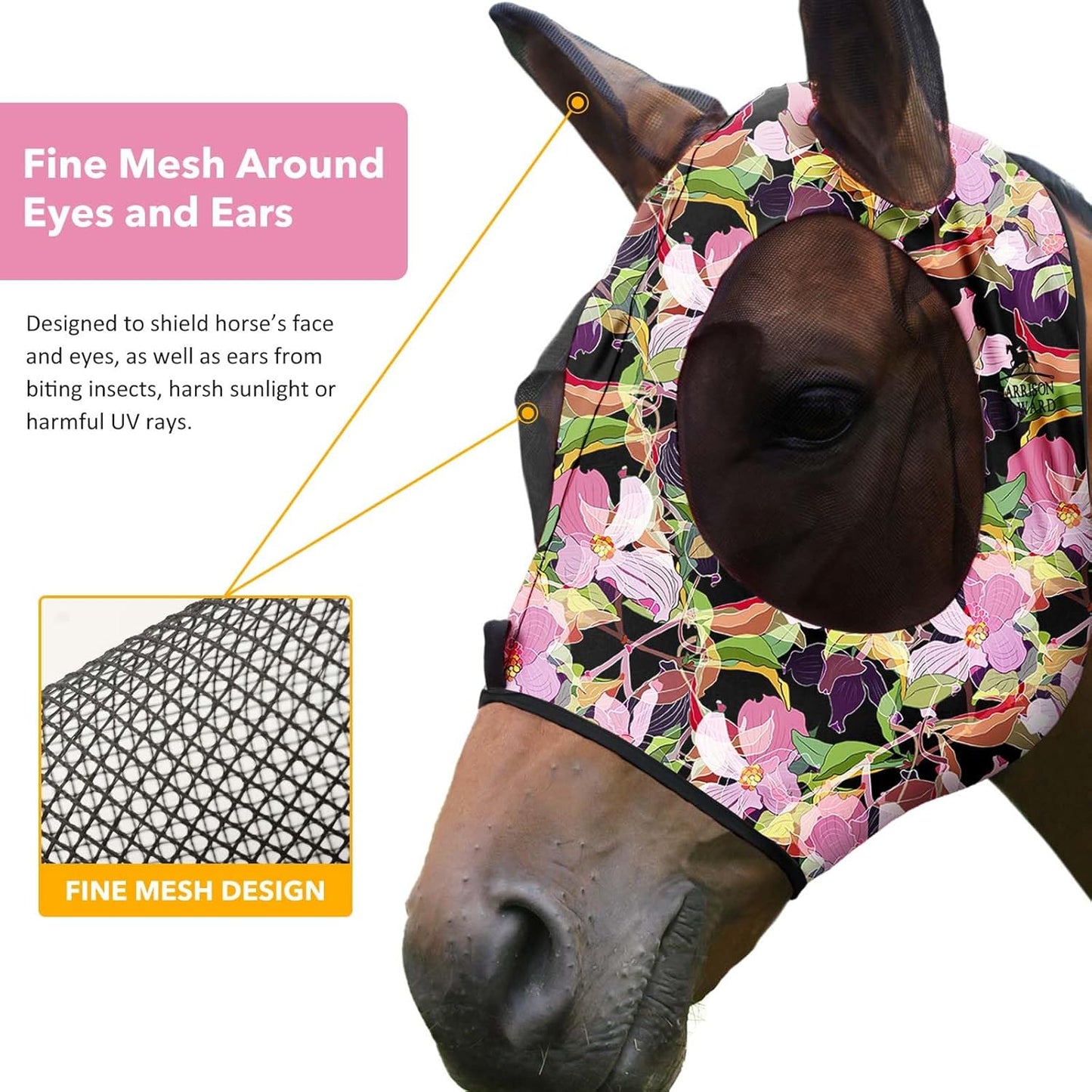 Harrison Howard Super Comfort Stretchy Fly Mask Large Eye Space with UV Protection Soft on Skin with Breathability Blossom Vibe S