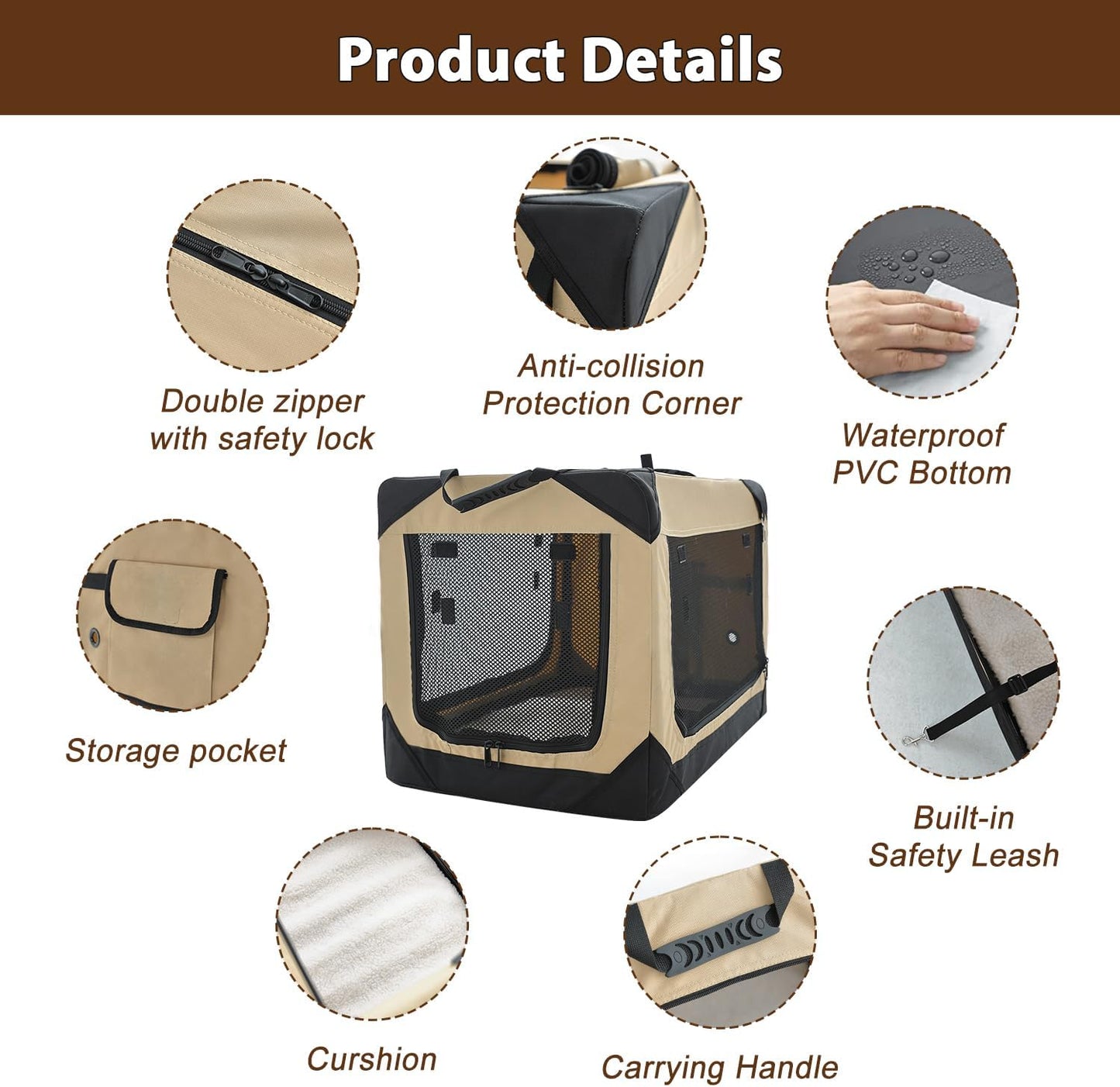 36 Inch Collapsible Soft Dog Crate for Large Dogs, 4-Door Foldable Travel Dog Kennel with Durable Mesh Windows for Indoor & Outdoor Portable Pet Crate, Soft Side Dog Crate, Beige